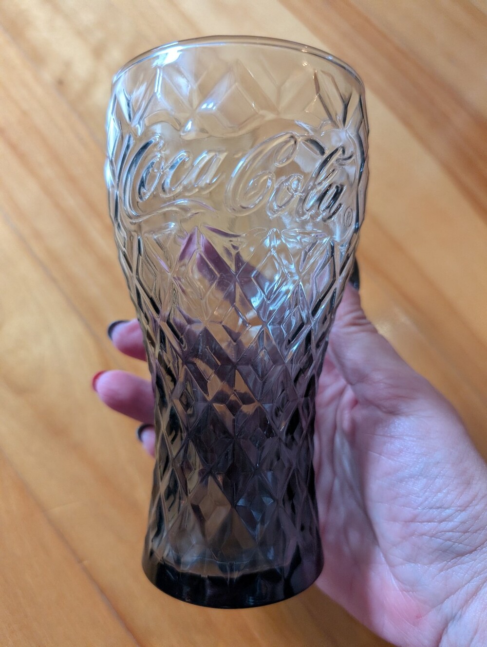 Coca Cola Diamond Spiral Pattern Smokey Glass Collector Coke Drinking Glass 12oz